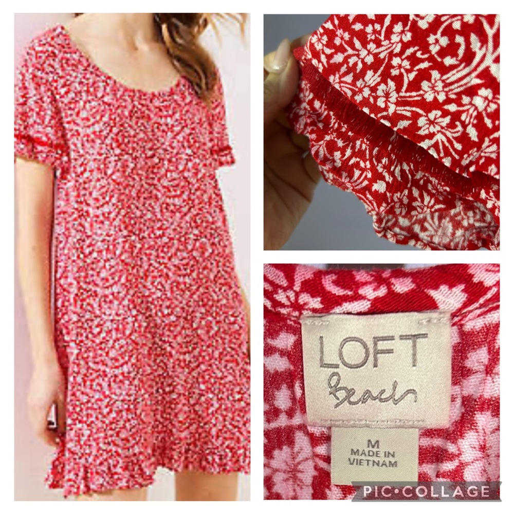 LOFT Beach Cover up Dress Red White Gauzy Fringe Accent Size Medium